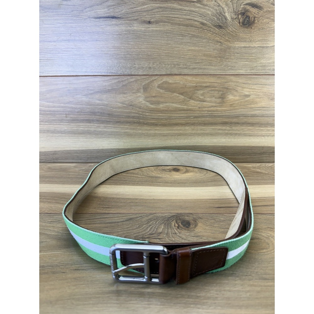 Lacoste Mens Belt Size 40 Brown Leather Green And White Stripe Casual Golf